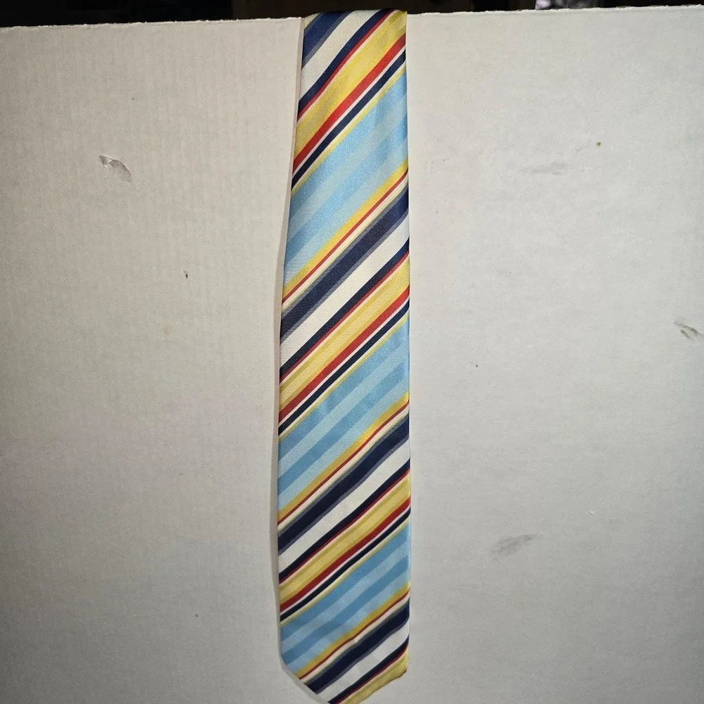 VINTAGE Dark & Light Blue Yellow & Red Striped Tie ROMANO‎ Polyester